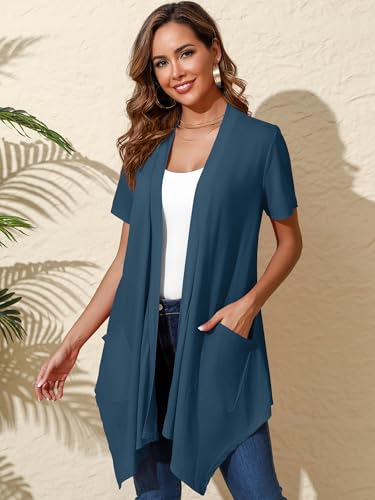 Image of Women's Lightweight Open Front Cardigans Short Sleeve Casual Soft Sheer Cardigan S-2XL with Pockets