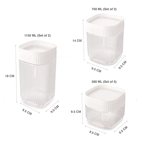 Image of Nayasa Refresh Container Set of 9 | 500ml x 5, 750ml x 2, 1150ml x 2 | Transparent Airtight Plastic Jars | Stackable Kitchen Storage Containers | BPA Free & Reusable | White
