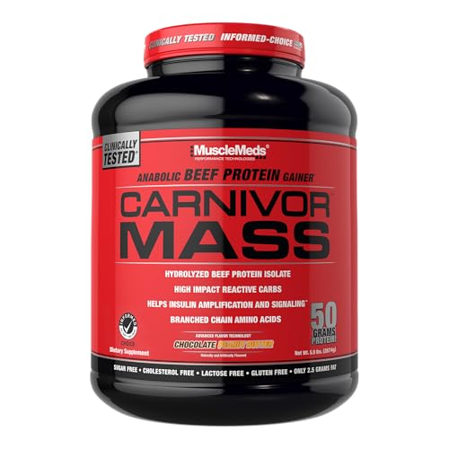MuscleMeds CARNIVOR Mass Gainer Beef Protein Isolate Shake, 50 Grams Protein, 125 Grams Carbs, 0...
