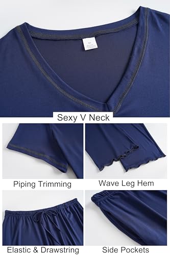 Image of Vozanet Women's Plus Size Pajama Sets Short Sleeve Long Pants Solid Color with Piping Trim Elegant Loungewear Cozy Sleepwear