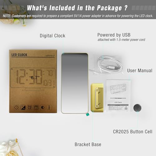 Image of KOSUMOSU Desk Clock for Bedroom Accessories 6.7in Gold Digital Alarm Clock with Dimming,12 /24h, Date, Day of Week, Temp, LED Clock, Modern Digital Calendar Clocks for Living Room Essentials