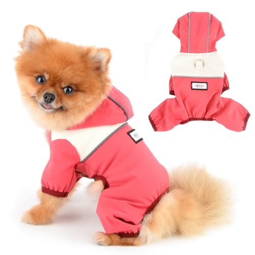 PAIDEFUL Colorblock Small Dog 4 Legged Raincoat Waterproof Jumpsuit with Button D-Ring Puppy Hooded Slicker Poncho Reflective Windproof Pet Clothes Lightweight Cat Apparel,Red,XL