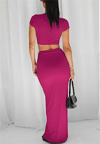 Image of Two Piece Skirt Set for Women 2 PC Y2K Outfits Short Sleeve Crop Tops Bodycon High Waist Long Maxi Skirts
