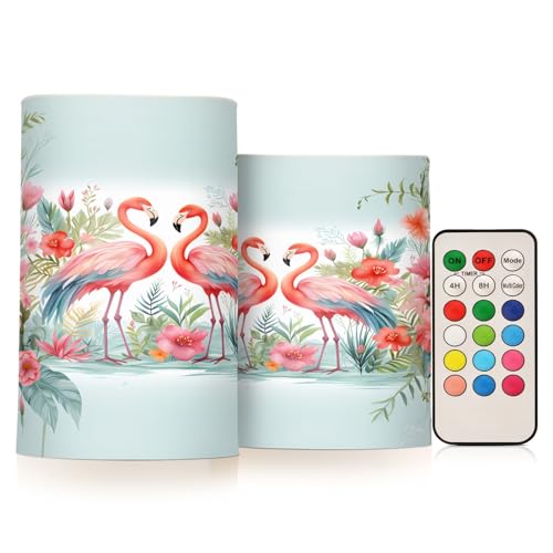 Image of Lights Flameless Candles Flamingo Tropical Flowers Pillar Candles Set of 2 Battery Operated Remote Control Warm Lights Home Decor