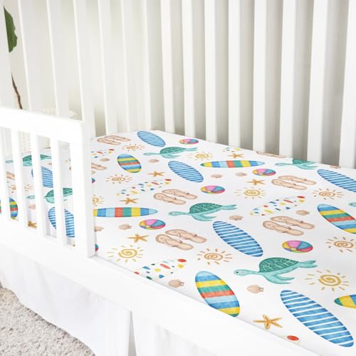 Image of Boho Summer Beach Surf Baby Crib Sheet 52''x28'' Colorful Surfboard Sun Turtles Stretchy Fitted Crib Mattress Sheet for Boy Girl Holiday Soft Baby Bed Sheets for Standard Crib and Toddler Mattress