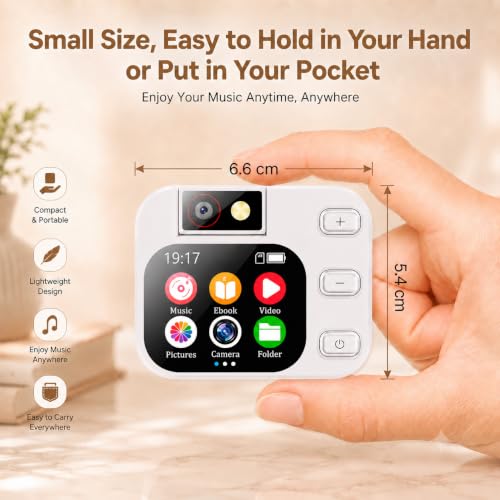 Image of Cason Mini MP3 Music Player with Bluetooth & 180 Rotating Mini Camera,Touch Screen Audio Player with Built-in Speaker, Pocket-Sized MP3 Player with FM Radio,E-Book -Expanded Up to 128GB (White)