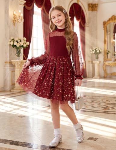 Image of Arshiner Girls Dresses Contrast Mesh Puff Long Sleeve Formal Party Dress