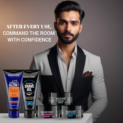Image of Mancode Grooming Gift Set - The Ultimate Glow Kit for Men | Complete Grooming Kit | Hydrates & Revitalizes Skin (Shave Gel,Face Wash,After Shave Balm,Whitening Cream,Scrub) Stylish Gift Box Pack of 5