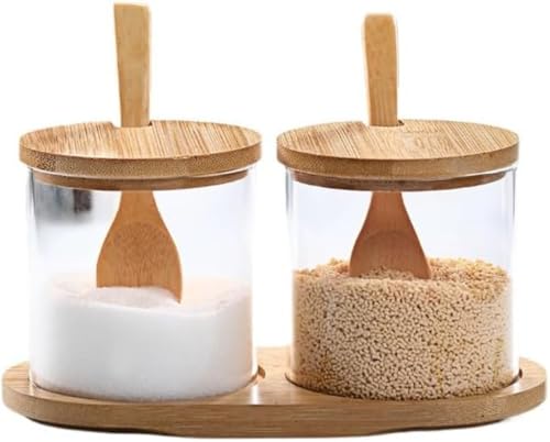 Xiraivkeガラス調味料容器竹蓋付き 防湿スパイスストレージ 塩砂糖コショウ入れ用 トレイとスプーン付きおしゃれ保存容器 スパイスボトルスパイスポット 家庭レストラン業務用最適?