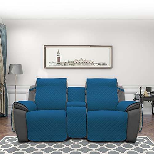 Image of Easy-Going Loveseat Recliner Cover with Console, Reversible Couch Cover for Living Room, Split Sofa Cover for Each Seat with Elastic Straps for Kids, Dogs, Pets(2 Seater, Peacock Blue /Beige)