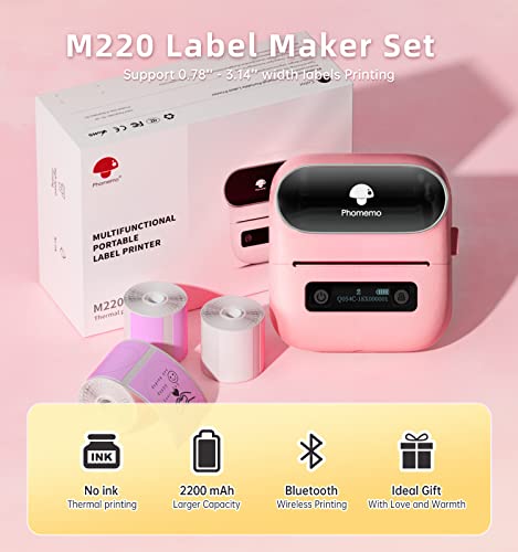Image of M220 Label Printer, Phomemo Label Printer, 3 Inch Bluetooth Thermal Sticker Machine for Home, Office, School, Barcode Printer for Address, Shipping, Box, Cup, Compatible with Mobile Phone and PC, with