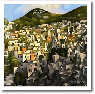 6x6 Iron on Heat Transfer for White Material - Houses On The Hillside - Abstract Art Fethiye Acrylic Art - Kayakoy Abstract Landscape