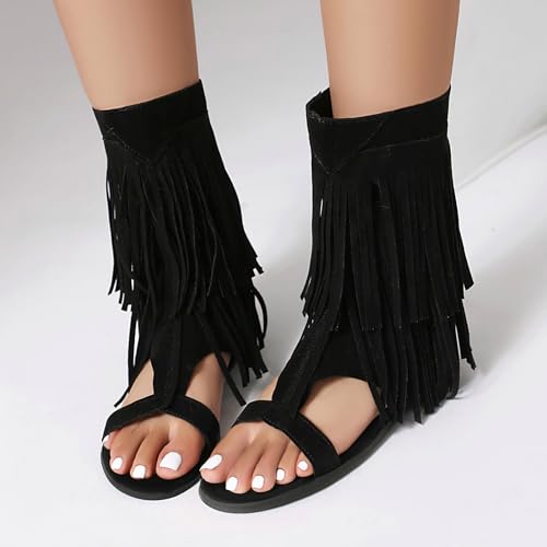Womens Summer Tassel Mid Calf Boots Flat Roman Gladiator Sandals US3-US13.52