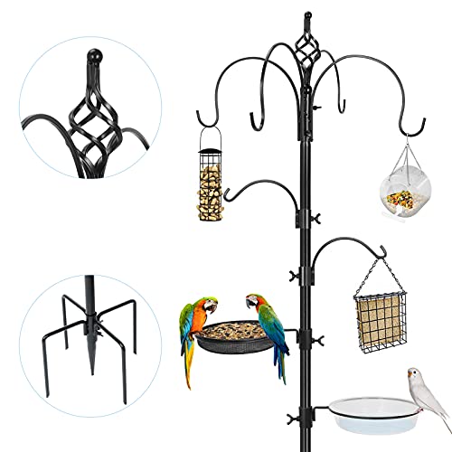 6-Hook Bird Feeding Station, Steel Multi-Feeder Kit Stand,Attracting Wild Birds Feeder Hanging Kit with Metal Suet Feeder w/ 3 Bird Feeders, Mesh Tray, Bird Bath, Lengthen 5-Prong Base (Black)