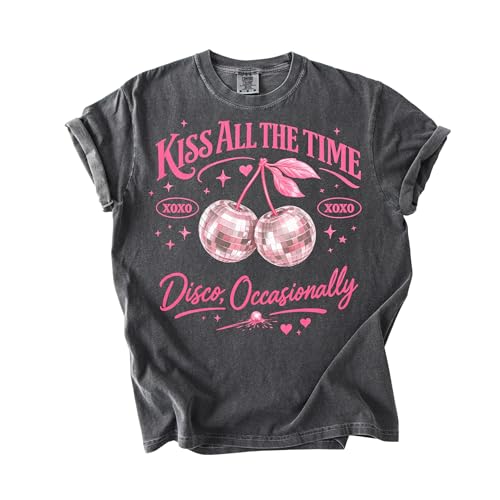 Disco Cherry Graphic T-Shirt Kiss All The Time Pink Retro Fruit Tee Vintage Aesthetic Style Shirt