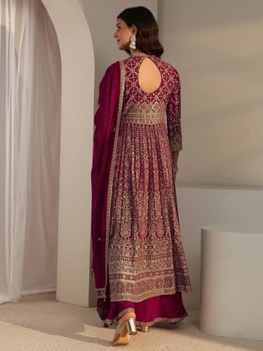 Image of Libas Art Embroidered Georgette Anarkali Kurta With Palazzos and Dupatta | ethnic wear | bridal suit | occasion wear