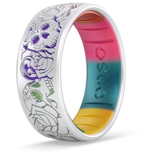Enso Rings Etched Sugar Skulls Silicone Rings - Comfortable and Flexible Design - Skull Tango - Pearl/Vivid Rainbow - Size 9