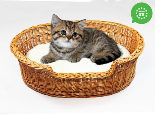Damian-Wiklina Hundebett – Katzenbett – Hundeliege – Katzenliege – Katzenkorb – Hundekorb aus Weide – Hundekörbchen – BTH 43x28x10/14 cm – mit Ecri-Kissen