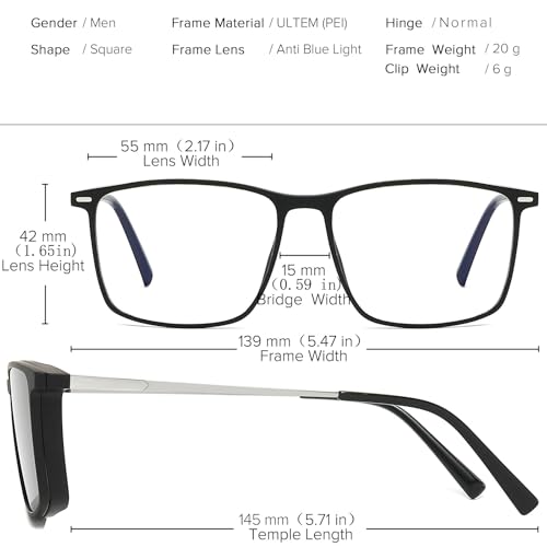 Image of Computer Blue Light Blocking Gaming Glasses Men Polarized Magnetic Clip on Sunglasses for Eyeglasses UV Protection