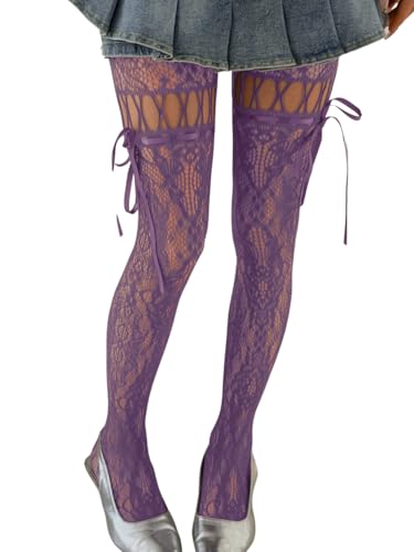 ShawGobow Lace Tights With Bows Cute Floral Patterned Stockings For Women Halloween Costume Sexy Goth Fishnets Purple