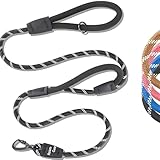 6 Foot Dog Leash, Two Extra Padded Handles, Locking Carabiner Clip, Reflective for Night Visibility, Weatherproof, Heavy Duty Rope Leash, Roam Gear (Black)