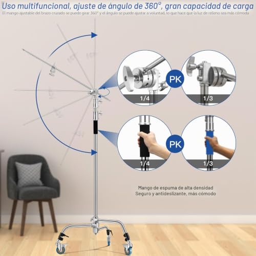 Miniatura 5 de Soonpho Heavy Duty C Stand Acero Inoxidable Con Boom Stand 330 Cm Y 130 Cm Kit De Brazo De Sujeción,2 Cabezales De Agarre Ajustables,Soporte De Luz,Para Estudio De Grabación,Reflectores,Flashes