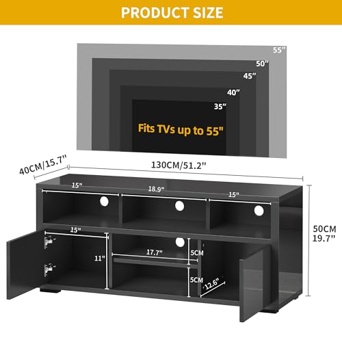 DWVO LED TV Stand for 55 Inch TV, Entertainment Center with 2 Storage Cabinet, 5 Open Shelves, Modern High Glossy Wood TV Console Table for Home, Living Room, Gaming Media Stand, Black