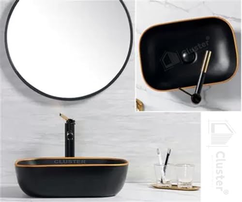 Image of CLUSTER Designer Matt Ceramic Table Top /Counter Top /Wash Basin For Bathroom And Livingroom Decor, Black And Golden Border, Rectangular, 455x320x135 MM