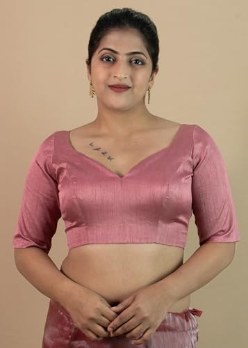 Image of FIGURE'S DESIGNER Women's Dupion Raw Silk Half Elbow Sleeves Sweetheart V Neck Sabyasachi Cut Readymade Saree Blouse S10