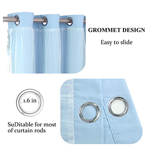 Image of Extra Long Light Blue Blackout Double Layers Curtains Set, Mix & Match Elegance Blue with White Crushed Voile Drapes for Living Room with tie-backs, Nursery, Kids' room, Bedroom, 52'' x108''
