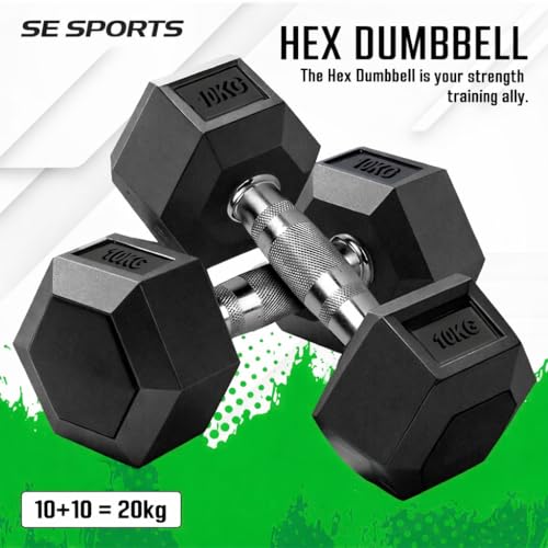 Image of Hex Dumbbells, Pair of 2, Rubber Coated Cast Iron, Steel Handle with Textured Grip, Strength Training (HEX DUMBBELLS 10 KG PAIR)