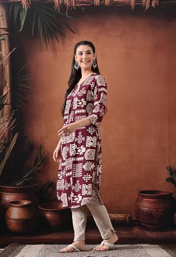 Image of Ichaa Women's Pure Cotton A-Line Ethnic V-Neck Kurta with 3 /4th Sleeve for Daily and Office Wear, in Plus Sizes