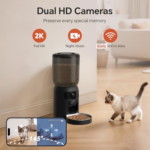 Automatic Cat Feeder with Dual 2K HD Camera, Smart Pet Food Dispenser for Timed Meals, APP Control Laser Interactive Toy Treat Feeders with 2.4G / 5G WiFi, Black - Image 3