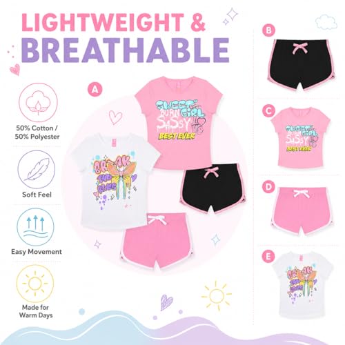 Image of Dreamstar Girls 4 Piece Outfit Set - Sleeveless Graphic Top with Dolphin Shorts, Cute Summer Matching Set for Kids and Tweens
