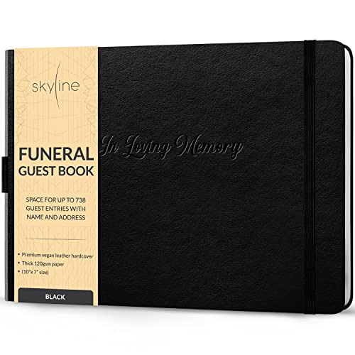 Image of Skyline Funeral Guest Book, Sign In Name & Address, Hardcover Black | 10 inchx7 inch, Elegant sign-in guestbook for memorial service & celebration of life with large signature space, Memory book