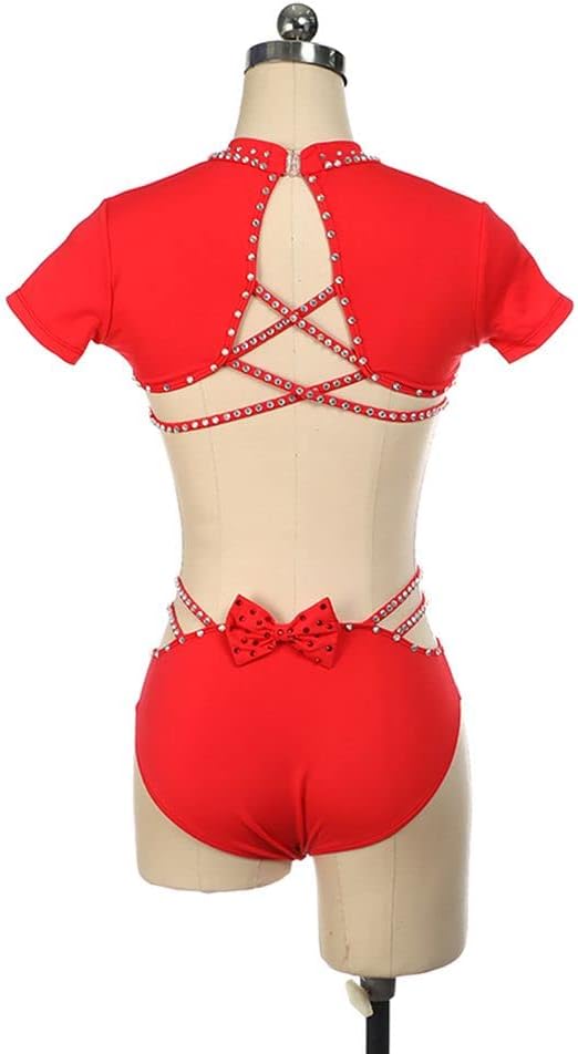 Ladies One Piece Hollow Pole Dance Clothes Red Diamond Competition Training Suit