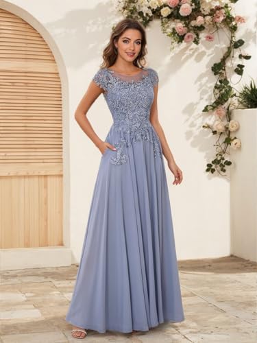 Mother of The Bride Dresses Chiffon Lace Applique Short Sleeve Mother of The Groom Dress Long Formal Dress with Pocket2