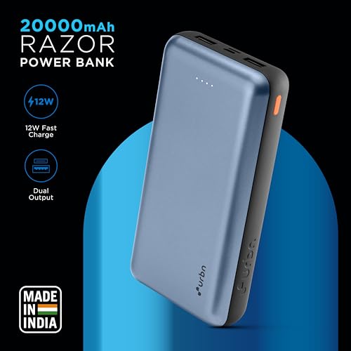 Image of URBN 20000 mAh Li-Polymer Ultra Compact Power Bank | 12W Fast Charge | Dual USB Output | Type C Micro USB Input & Micro Input Only | Pocket Size | Made in India (Blue)