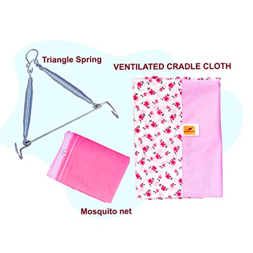 Image of Little Chime New Born Baby Swing Cradle (Jhula) | Cradle Set with Mosquito Net and Triangle Hanger | Weight Capacity Up to 20Kg | Age from 0-24 Months | Evania Ventilated Cradle(Pink) - Cotton