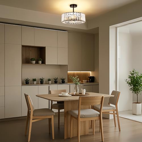 Image of FRIDEKO HOME Semi Flush Mount Ceiling Light - Small Crystal Chandelier Hallway Black Metal Cage Modern Light Fixture for Entryway Bedroom Porch Kitchen (9-Black-4 Light-1pcs-14.56 inch)