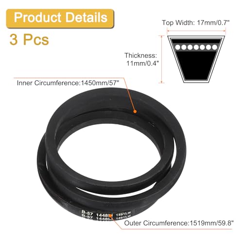 Image of uxcell 3 Pack B57 Classic Wrapped V-Belt, 60 inch Outside Circumference, Black Industrial Rubber V-Belt