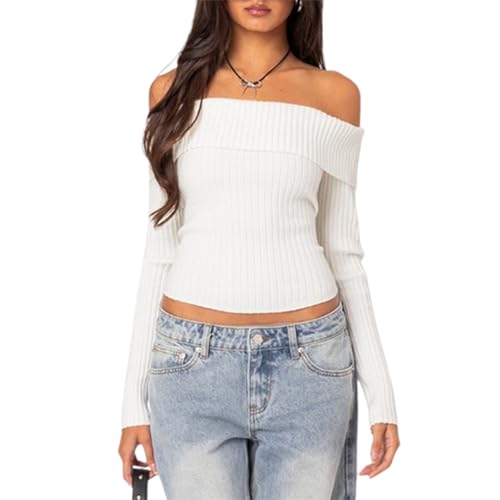 Image of Women Off Shoulder Solid Sweater Long Sleeve Vintage Slim Fit Crop Going Out Streetwear Y2k Ribbed Knit Tops(Daisy, S)