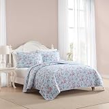Laura Ashley Zestaw kołdry, super miękka bawełniana pościel z pasującą poszewką, zapięcie na kopertę, kwiatowy nadruk, błogi niebieski, bliźniak