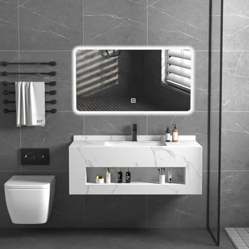 Générique Pack Meuble Simple Vasque Design LED 60cm Blanc Effet marbre en Ceramique + Miroir LED...