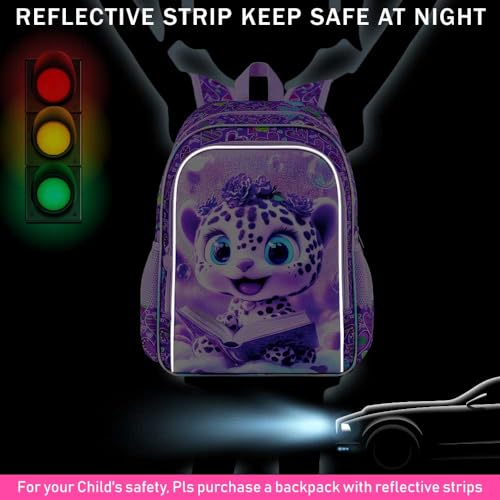 Image of CCJPX 16 inch Leopard Backpack for Girls, 3Pcs Kids Bookbag with Lunch Box, Water Resistant Elementary School Bag for Kindergarten Preschool Toddler (Purple)