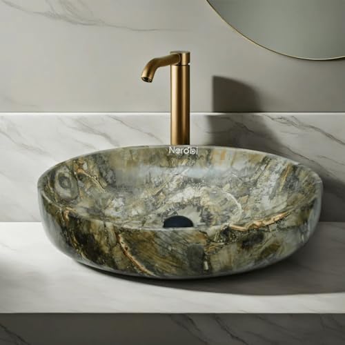 Image of Designer Counter Top Wash Basin | Tabletop Ceramic Bathroom Sink | Wash Basin Over Counter | Wash Basin For Bathroom, Living Room (24 x 15 x 6 Inch) (Glossy Wooden Green)