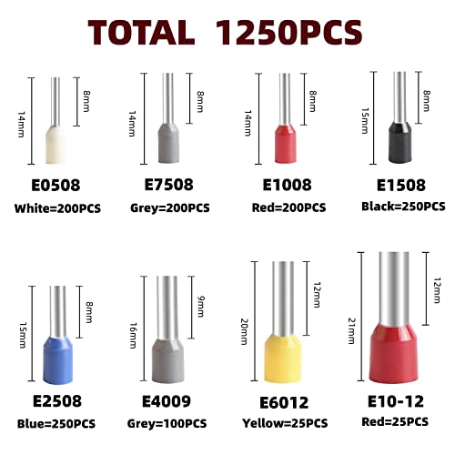 Image of DIANZHU 1250Pieces Wire Ferrules kit, Wire Terminal Ferrules Crimp Connector, Insulated Cord Pin End Terminal Great Assortment Ferrules Kit with Portable Box