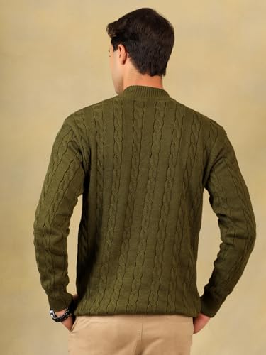 Image of Kvetoo Men's High Neck Cable Knit Sweater | Winter Pullover | Warm Wool Blend |Casual Full Sleeve Sweater for Men | Stylish Ribbed Neck Slim Fit Winterwear