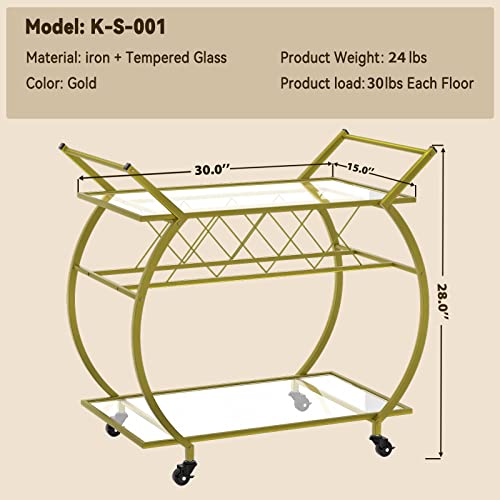 Lazeyard Gold Bar Cart,2 Tier Bar Cart With Wine Rack And Wheels,Home Bar Serving Cart With 2 Glass Shelves,Industrial Mobile Bar Cart For Home/Kitchen/Club/Living Room Serving Decoration #TOP1