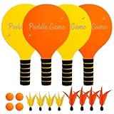 INPODAK Beach Ball Spiel Set,Strandball Schlägerset für Kinder,2 Schläger, 4 Federbälle, 2 Bälle,Paddleball Spielset,Sommer Strand Pool Garten Spiel für Familie und Party(Gelb&orange)